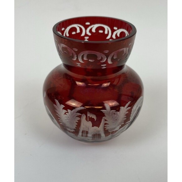 Vintage Egermann Czech Ruby Red Cut to Clear Etched Glass Mini Vase 3" - Picture 1 of 14